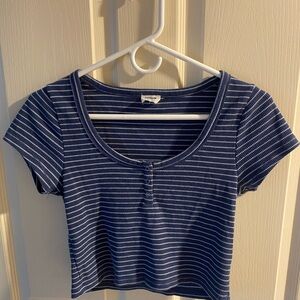 Cotton On Navy and White Ribbed Striped Crop Top
